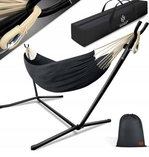 Hamak z drążkiem KESSER czarny 200 kg 220 x 150