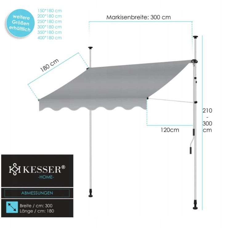 MARKIZA BALKONOWA -TARASOWA ZADASZENIE Z REGULACJĄ NA KORBKĘ KESSER 300 cm