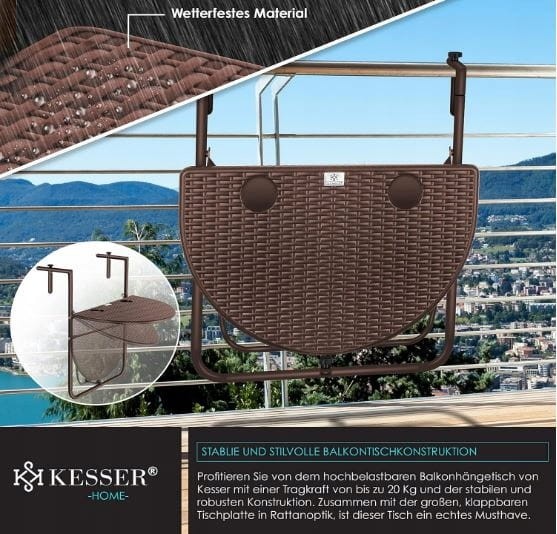 Stół balkonowy wiszący, składany KESSER rattan 60 x 62 x 58 cm, brąz