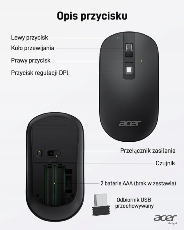 Acer OMR242 Mysz bezprzewodowa USB oryginalna slim niska do chromebook
