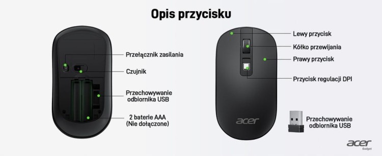 Acer OMR242 Mysz bezprzewodowa USB oryginalna slim niska do chromebook