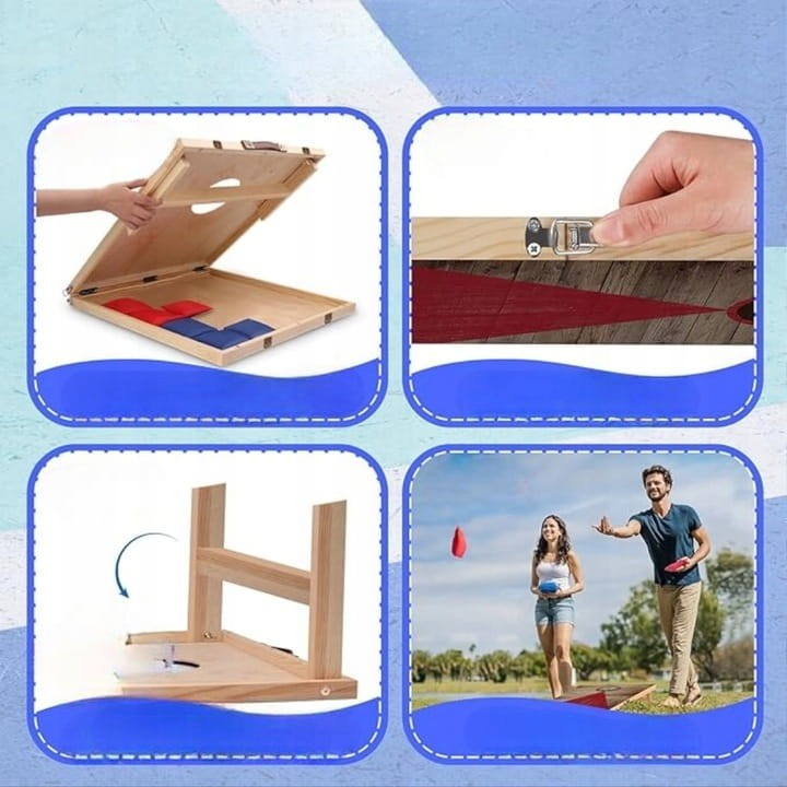Drewniana Gra w Cornhole 4 Woreczki Składana Lekka Przenośna Zestaw 61x30