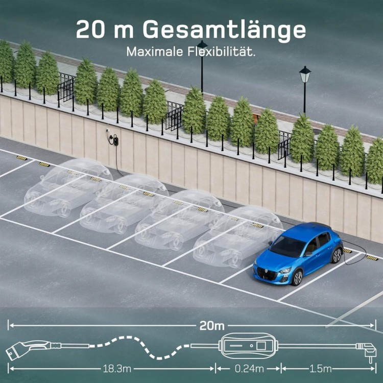 Kabel Ładujący dé Typ 2 Schuko Ładowarka 3,68kW 1-fazowy 20 Metrów 6-16A