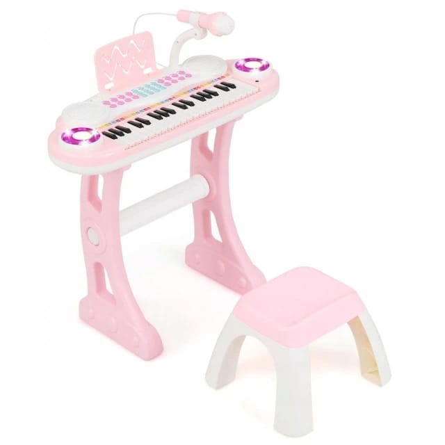 Różowe pianinko keyboard z mikrofonem i krzesełkiem dla małych muzyków