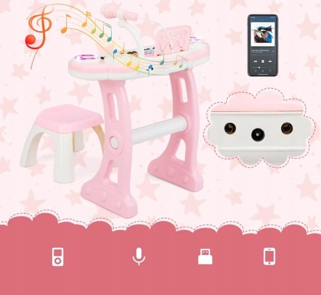Różowe pianinko keyboard z mikrofonem i krzesełkiem dla małych muzyków